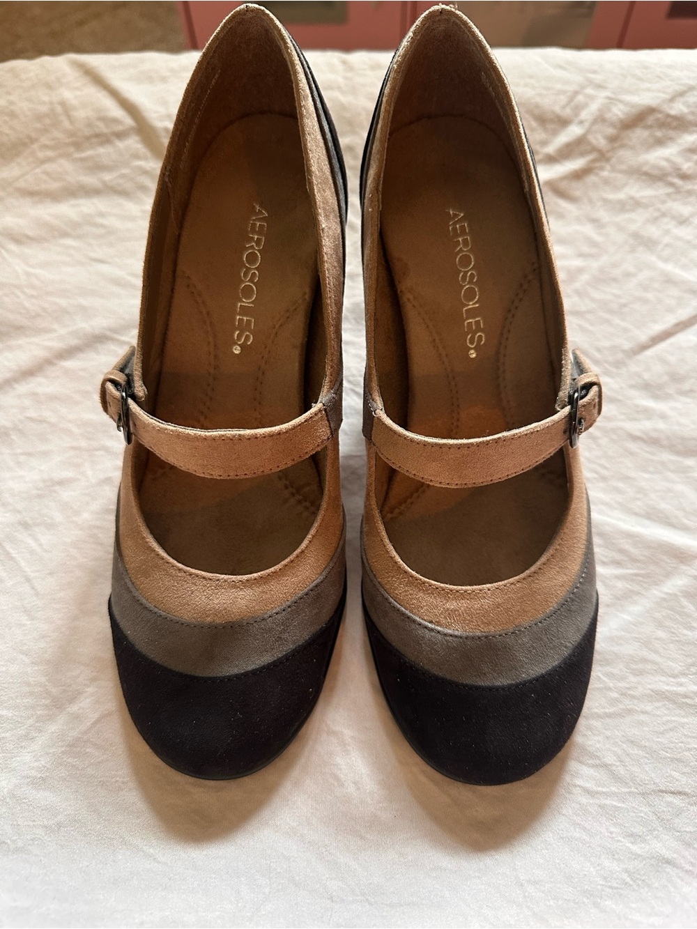 AEROSOLES Tri-Color Mary Jane Heels in Beige, Gray & Black